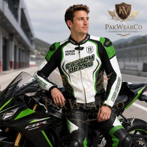 Man wearing a green, black, and white custom brand leather motorcycle racing jacket while posing on a CBR1000RR sportbike.