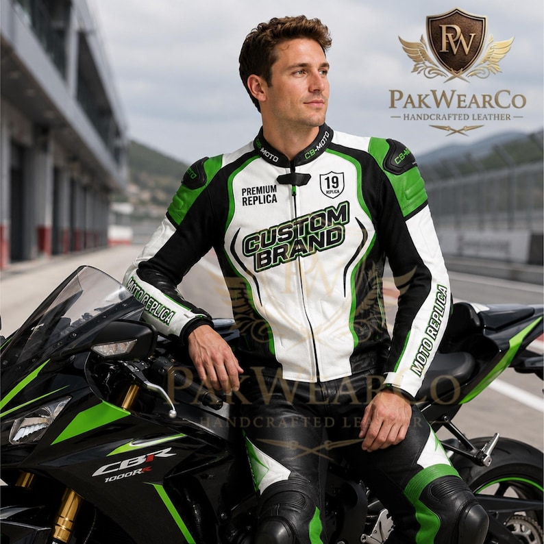 Man wearing a green, black, and white custom brand leather motorcycle racing jacket while posing on a CBR1000RR sportbike.
