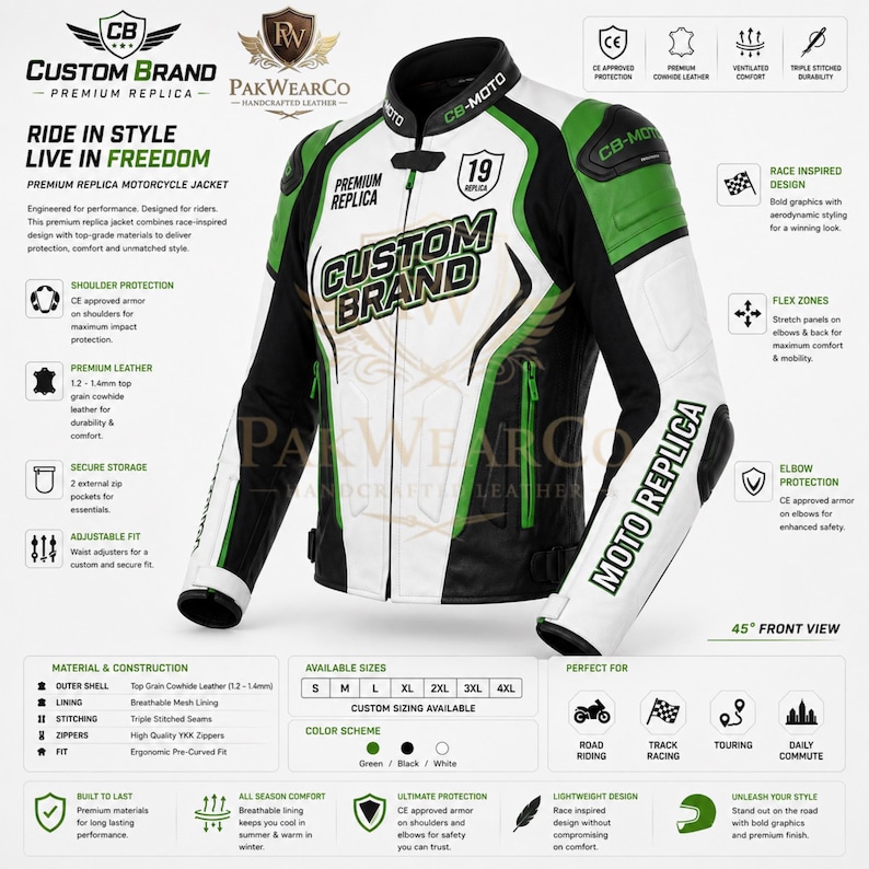 Feature infographic of a custom men's motorcycle racing leather jacket in white, black, and green, highlighting premium leather construction, ergonomic racing fit, protective design, durable YKK zipper, reinforced stitching, and customizable branding.