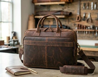 Handmade Distressed Leather Briefcase Men Laptop Bag Personalized Messenger Satchel Professional Business Work Gift