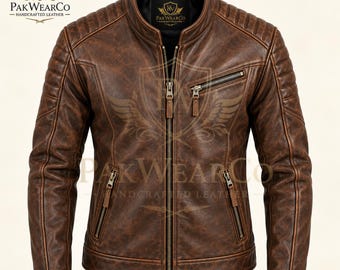 Mens Brown Leather Jacket, Vintage Cafe Racer, Motorcycle Biker Coat, Distressed Genuine Handmade
