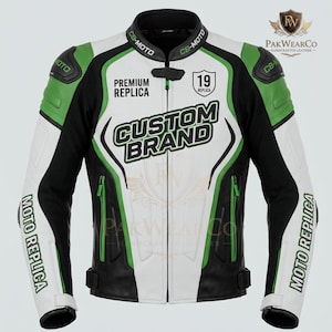 Front view of a white, black, and green custom leather motorcycle racing jacket by PakWearCo, featuring premium design details.