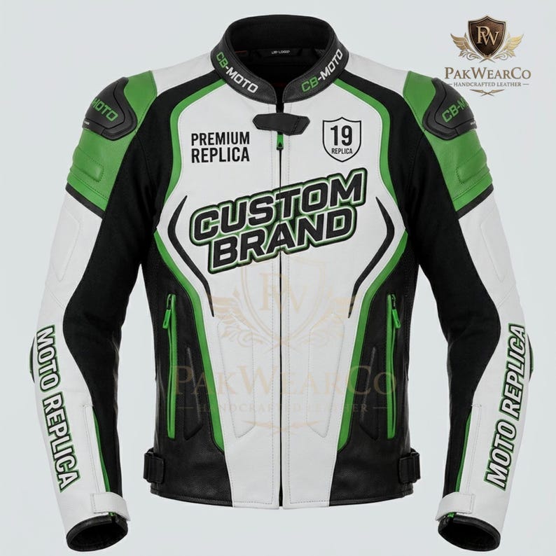 Front view of a white, black, and green custom leather motorcycle racing jacket by PakWearCo, featuring premium design details.