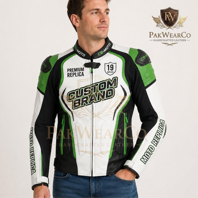 A model wearing a green, black, and white PakWearCo leather motorcycle jacket, posing for a product showcase.