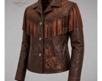 Western Fringe Leather Jacket Embroidered Brown Coat Women Genuine Outwear Apparel