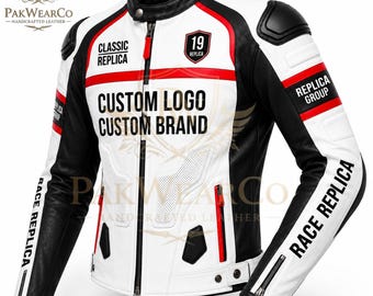 Mens White Black Red Leather Motorcycle Jacket Biker Cafe Racer Handmade Cowhide Custom Fit