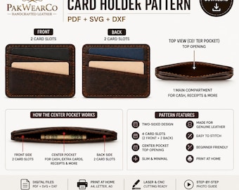 Leather Card Holder Pattern, Slim Wallet Template, Leathercraft PDF, SVG DXF, Digital Download