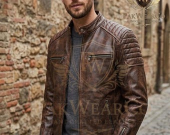 Herren-Lederjacke, handgefertigt, braunes Echtleder, Café-Racer-Biker-Stil