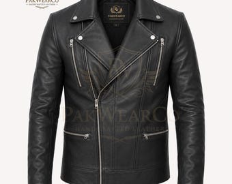 Men's Black Leather Motorcycle Jacket Genuine Cowhide Biker Handmade Punk Rocker Custom Size