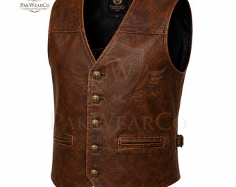 Men’s Brown Cowhide Leather Biker Vest Western Motorcycle Waistcoat Distressed Vintage Handmade