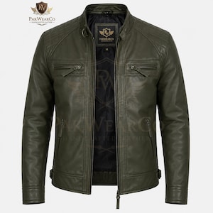 Men's Olive Leather Motorcycle Jacket Genuine Cowhide Cafe Racer Biker Handmade Vintage Custom Size