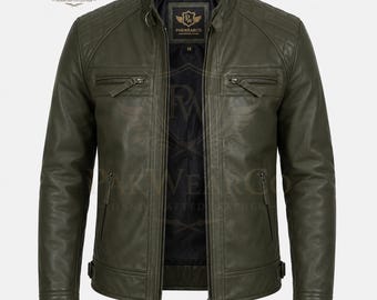 Men's Olive Leather Motorcycle Jacket Genuine Cowhide Cafe Racer Biker Handmade Vintage Custom Size