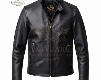 Men's Black Leather Cafe Racer Jacket Genuine Cowhide Handmade Motorcycle Vintage Custom Size Biker