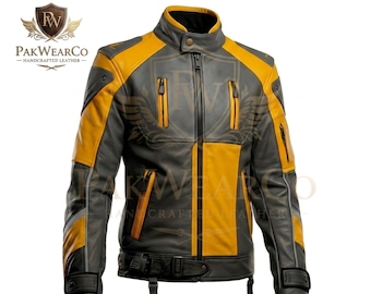 Handmade Mens Leather Motorcycle Jacket Black Yellow Cafe Racer Coat
