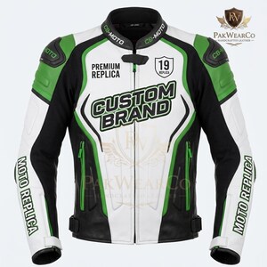Front view of a white, black, and green custom leather motorcycle racing jacket by PakWearCo, featuring premium design details.
