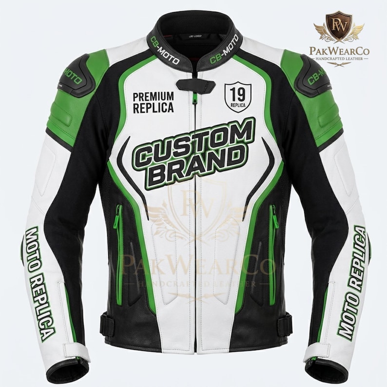 Front view of a white, black, and green custom leather motorcycle racing jacket by PakWearCo, featuring premium design details.