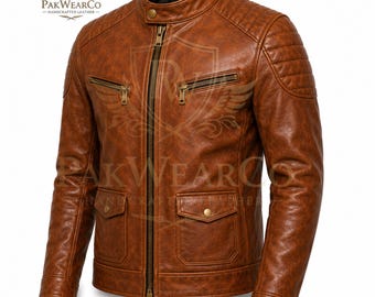 Men's Brown Genuine Leather Jacket Cafe Racer Handmade Cowhide Motorcycle Slim Fit Custom Size