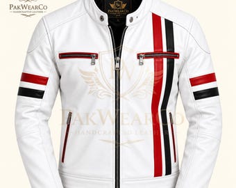 Mens White Leather Jacket, Cafe Racer, Motorcycle Biker, Genuine Leather, Red Black Racing Style