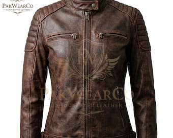 Vintage Leather Jacket for Women Handmade Brown Moto Biker Real Fashion