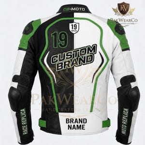 Back view of a white, black, and green custom leather motorcycle racing jacket by PakWearCo, featuring '19' and 'Custom Brand' detailing.