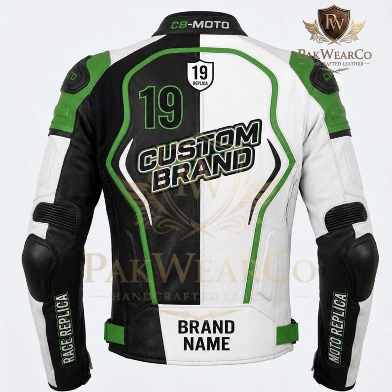 Back view of a white, black, and green custom leather motorcycle racing jacket by PakWearCo, featuring '19' and 'Custom Brand' detailing.