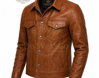 Men's Brown Leather Trucker Jacket Genuine Cowhide Handmade Vintage Western Casual Classic Custom Size