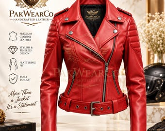 Womens Red Leather Jacket, Biker Motorcycle Moto, Cafe Racer, Vintage Rider Coat, Genuine Handmade