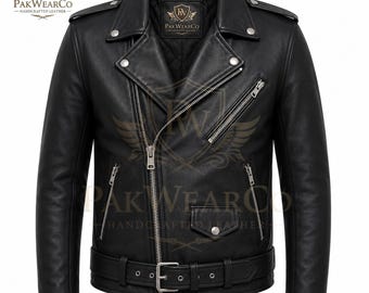 Men's Black Leather Motorcycle Jacket Genuine Cowhide Cafe Racer Biker Vintage Riding Custom Size