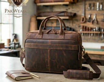 Handmade Distressed Leather Briefcase Men Laptop Bag Personalized Messenger Satchel Professional Business Work Gift