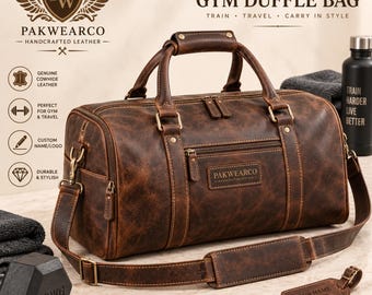 Personalized Leather Duffle Bag, Genuine Cowhide Travel Weekender, Gym Bag, Custom Name Gift