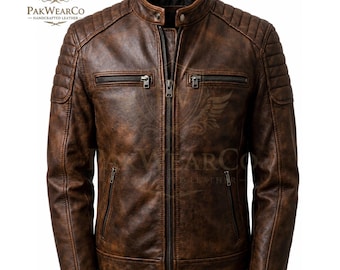 Mens Leather Jacket Handmade Brown Genuine Leather Cafe Racer Biker Style