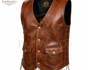 Men's Brown Leather Vest Cowhide Biker Motorcycle Vest Handmade Custom Fit Western Riding Gift