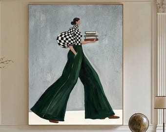 Grande oeuvre d'art murale moderne milieu du siècle pour femme, tableau en damier vert émeraude