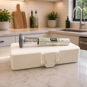 May include: A Zepbound tirzepatide injection single-dose pen with a gray cap and white body, featuring green and black text, resting horizontally on a rectangular white plastic storage case with a central latch mechanism.