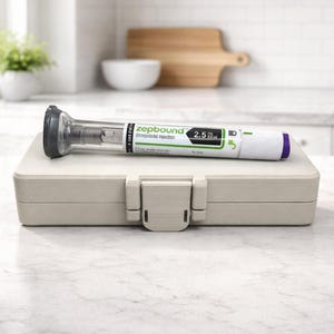May include: A beige medical case with a silver clasp holds a Zepbound (tirzepatide) injection pen. The pen is white with green and black text, and a purple end. The case and pen rest on a white marble surface.