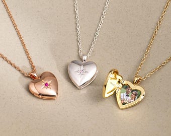 Heart Locket Necklace with Birthstone, Engraved Necklace, Layering Necklace, Personalized Gift for Women, Wedding Jewellery for Couples
