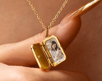 Babys Foto Locket mit Birthstone Halskette, Rechteck Anhänger Medaillon, personalisierte Nachricht Medaillon, individuelles Geschenk für neue Vater, Farthers Day Geschenk