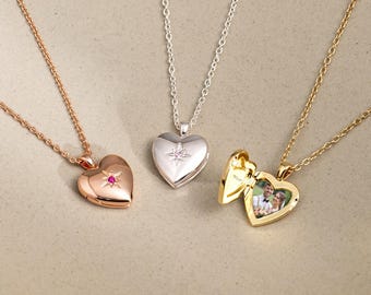 Hartmedaillonketting met geboortesteen, gegraveerde ketting, zilveren hartmedaillon, gepersonaliseerde ketting voor vrouwen, verjaardagscadeau, Moederdagcadeau
