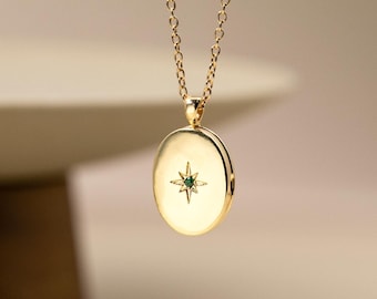 Medallón de oro, medallón personalizado con foto familiar, medallón con piedra de nacimiento, collar con medallón grabado, regalo del Día de la Madre, regalo conmemorativo, regalo de cumpleaños para ella.