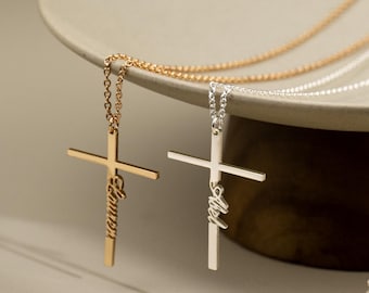 Cross Name Necklace, 18K Gold Plated Cross Necklace, Cross Name Pendant, Baptism Gift, Confirmation Gift for Her, Easter Gift, Birthday Gift