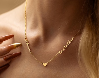 ハート付き2名用ネームネックレス、パーソナライズされたカップルネームネックレス、母娘ネームネックレス、バレンタインギフト、母へのギフト、彼女へのギフト