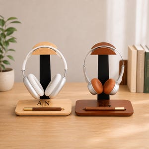 Personalized Headphone Stand Custom Engraved Wooden Headset Holder Desk Organizer Housewarming Gift Office Gift for Coworker
