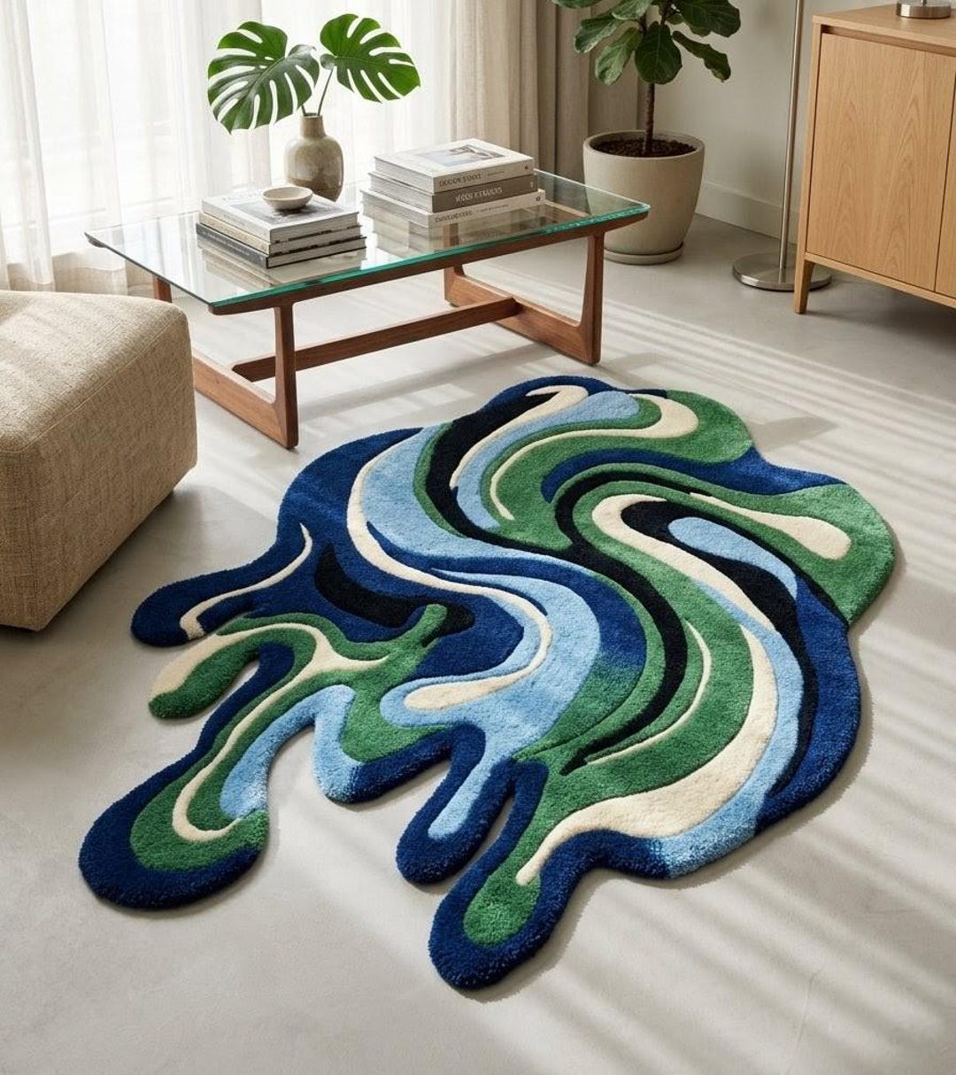 Abstract Blue Green Hand Tufted Rug: Organic Irregular Shape Wool ...