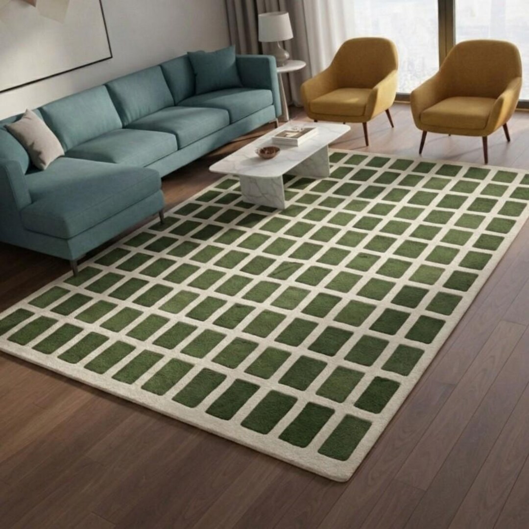 Hand-tufted Wool Area Rug, Modern Grid Textured Carpet, Green Home ...