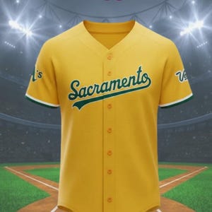 May include: A yellow baseball jersey with the word "Sacramento" in green script across the front. The jersey has a button-up front, green and white trim on the sleeves, and the text "AeroGear US" at the top.