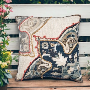 Patchwork Pattern Cushion Cover | Neutral Beige Blue Throw Pillow | Ethnic Boho Home Accent | Cozy Living Room Accent