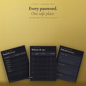 Könnte beinhalten: Ein Passwortbuch mit goldenem Hintergrund und drei geöffneten Seiten. Auf dem Einband des Buches steht "Every password. One safe place." Die Seiten sind mit "Email & Social", "Websites & Apps" und "PINs & Recovery" beschriftet.