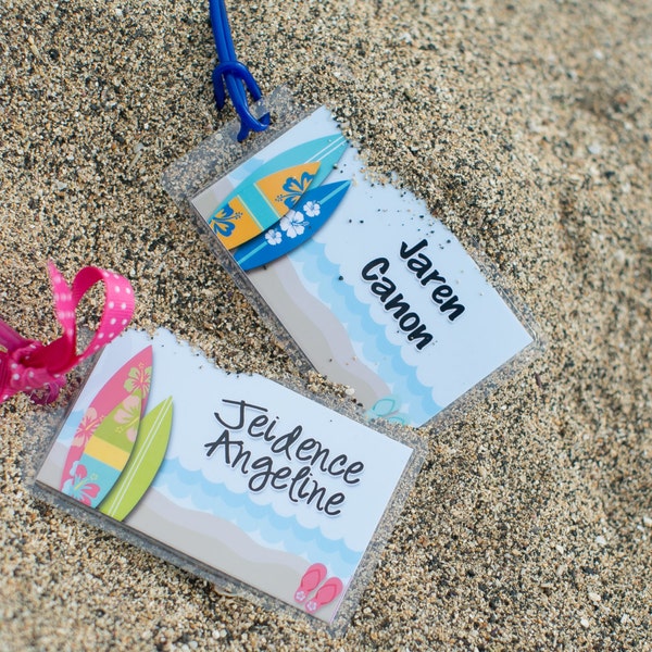 LAMINATED Surf's Up for Boys and Girls Backpack Tag/Diaper Bag Tag/Luggage Tag