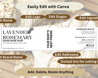 Fully Editable Soap Label Templates with Cut Along Lines in 3 Sizes