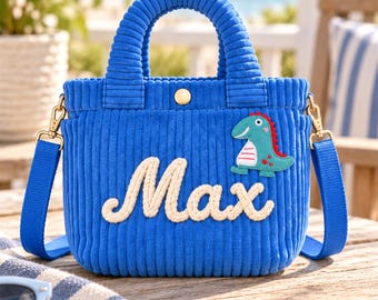 Personalized Boys Handbag, Corduroy Crossbody Purse, Dinosaur Applique Accessory, Kid Birthday Gift, Custom Name Mini Tote Bag